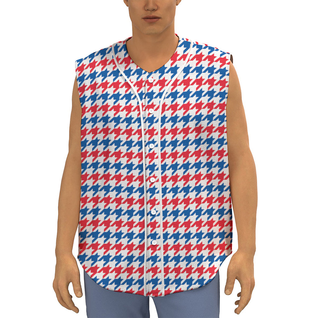 Red Blue And White Houndstooth Print Sleeveless Baseball Jersey