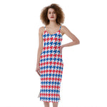 Red Blue And White Houndstooth Print Slim Fit Midi Cami Dress