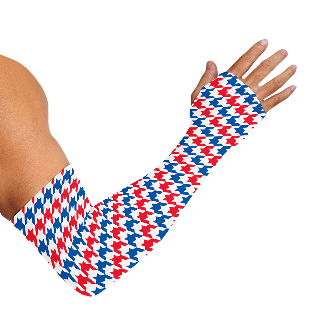 Red Blue And White Houndstooth Print Sun Protection Arm Sleeves
