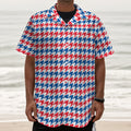 Red Blue And White Houndstooth Print Textured Short Sleeve Shirt