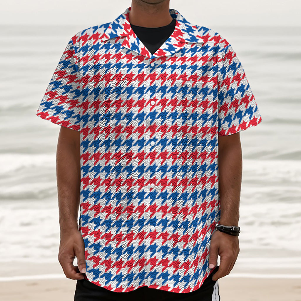 Red Blue And White Houndstooth Print Textured Short Sleeve Shirt