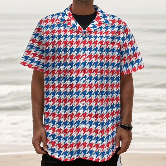 Red Blue And White Houndstooth Print Textured Short Sleeve Shirt