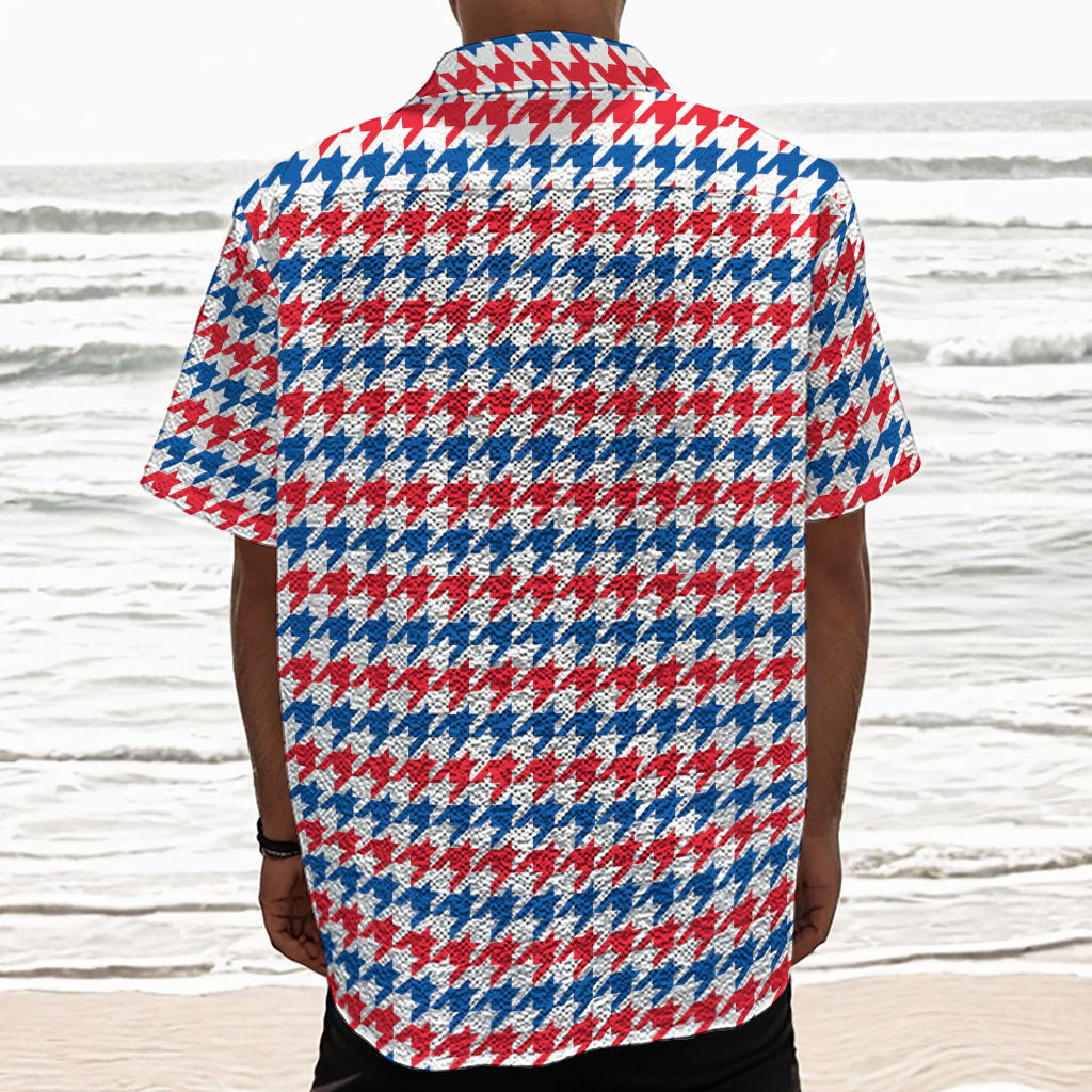 Red Blue And White Houndstooth Print Textured Short Sleeve Shirt