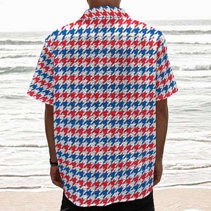 Red Blue And White Houndstooth Print Textured Short Sleeve Shirt