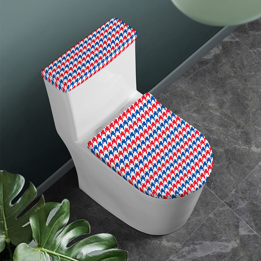 Red Blue And White Houndstooth Print Toilet Lid And Tank Cover Set
