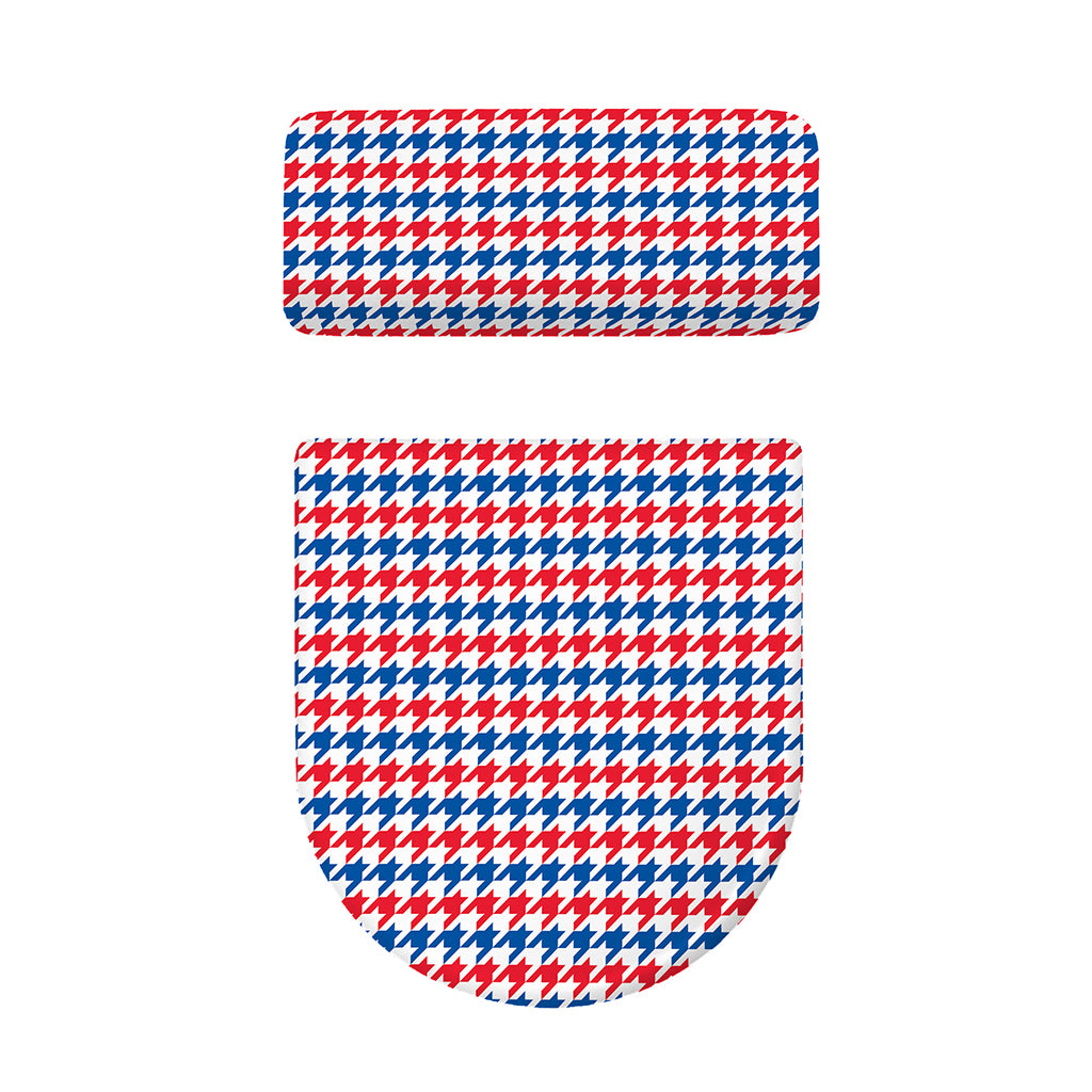 Red Blue And White Houndstooth Print Toilet Lid And Tank Cover Set