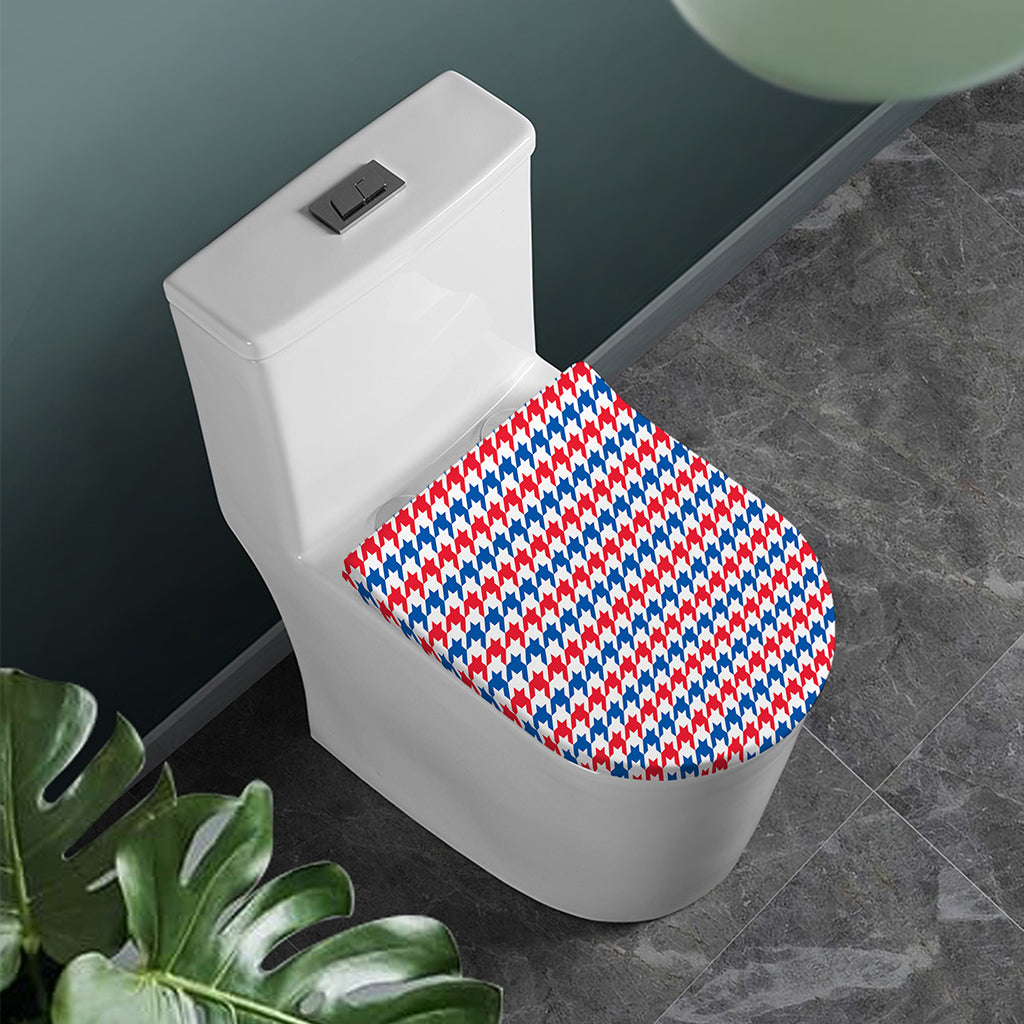Red Blue And White Houndstooth Print Toilet Lid Cover