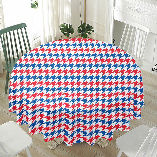 Red Blue And White Houndstooth Print Waterproof Round Tablecloth