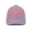 Red Blue And White Houndstooth Print White Mesh Trucker Hat