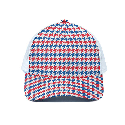 Red Blue And White Houndstooth Print White Mesh Trucker Cap