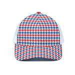 Red Blue And White Houndstooth Print White Mesh Trucker Cap