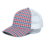Red Blue And White Houndstooth Print White Mesh Trucker Cap