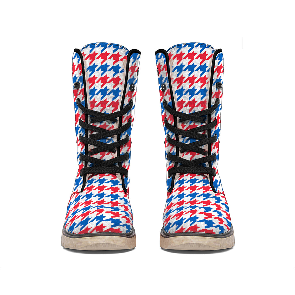 Red Blue And White Houndstooth Print Winter Boots