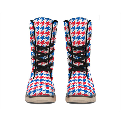 Red Blue And White Houndstooth Print Winter Boots