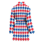 Red Blue And White Houndstooth Print Women's Bathrobe