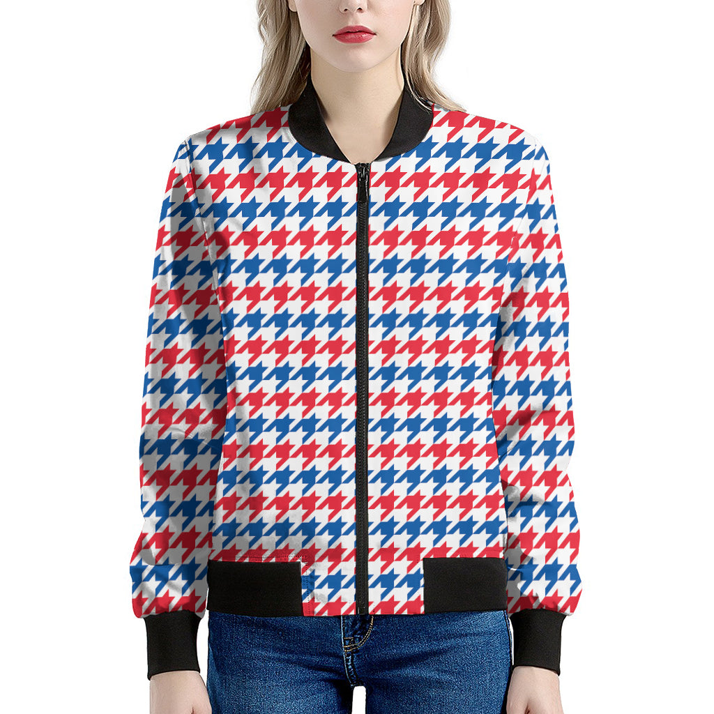 Red Blue And White Houndstooth Print Women's Bomber Jacket