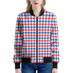 Red Blue And White Houndstooth Print Women's Bomber Jacket