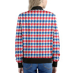 Red Blue And White Houndstooth Print Women's Bomber Jacket