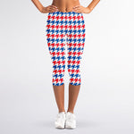 Red Blue And White Houndstooth Print Women's Capri Leggings