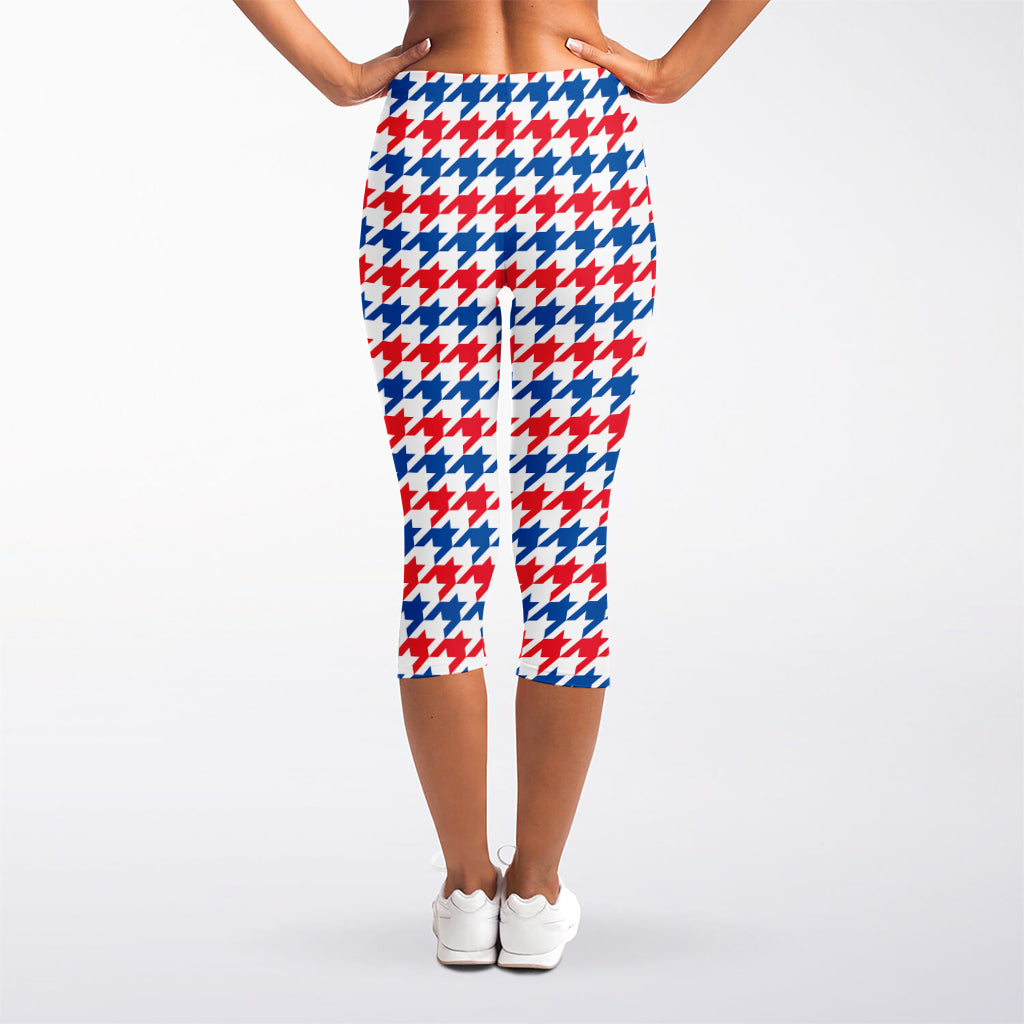 Red Blue And White Houndstooth Print Women's Capri Leggings