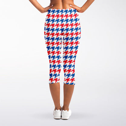 Red Blue And White Houndstooth Print Women's Capri Leggings