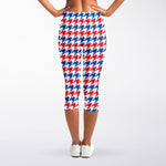Red Blue And White Houndstooth Print Women's Capri Leggings