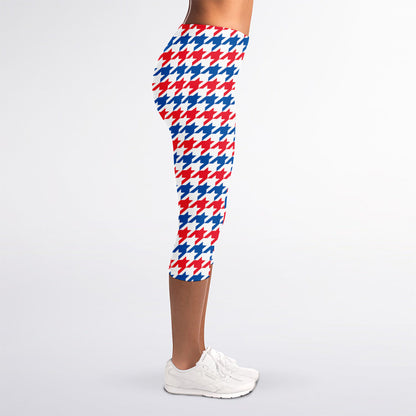 Red Blue And White Houndstooth Print Women's Capri Leggings