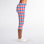 Red Blue And White Houndstooth Print Women's Capri Leggings