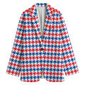 Red Blue And White Houndstooth Print Women's Cotton Blazer