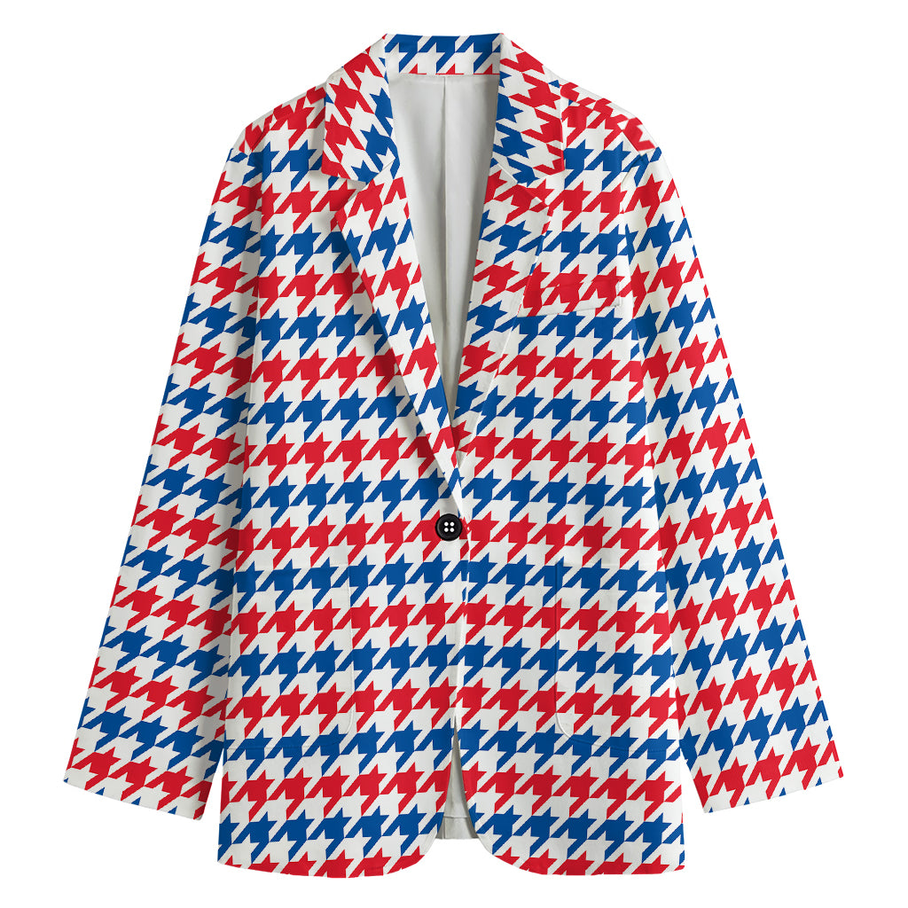 Red Blue And White Houndstooth Print Women's Cotton Blazer
