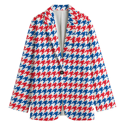 Red Blue And White Houndstooth Print Women's Cotton Blazer