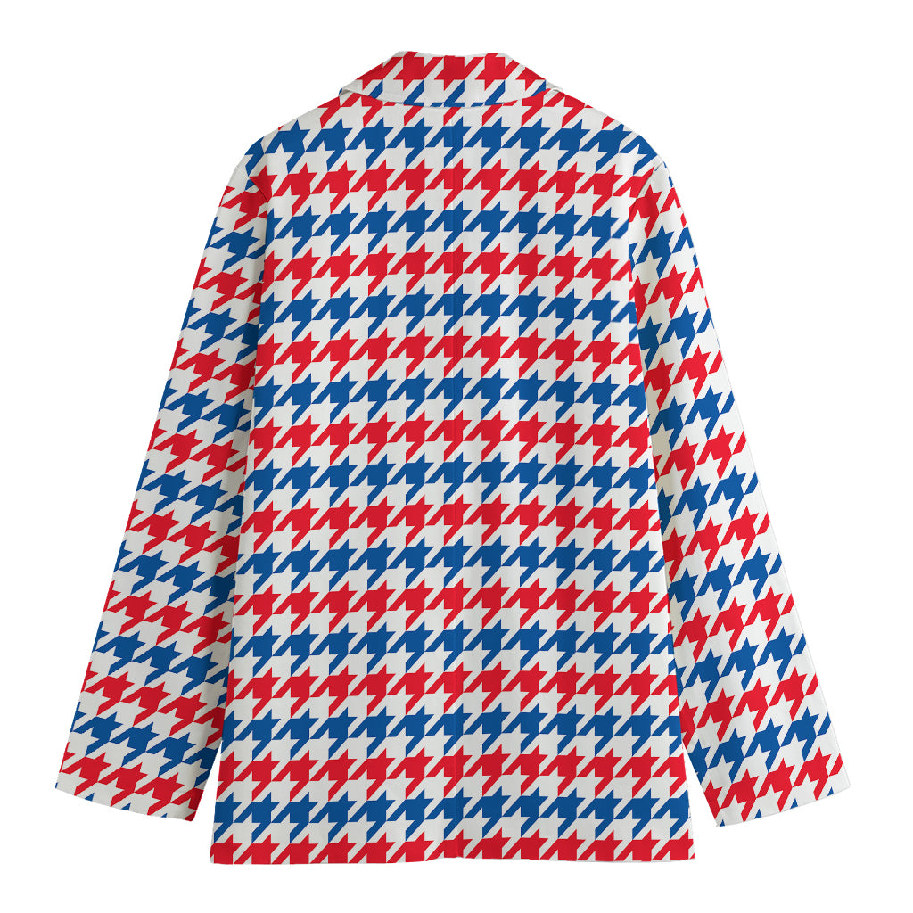 Red Blue And White Houndstooth Print Women's Cotton Blazer