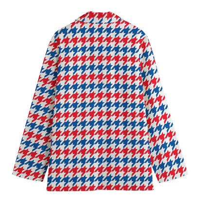 Red Blue And White Houndstooth Print Women's Cotton Blazer