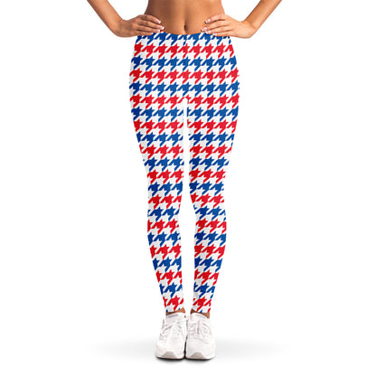 Red Blue And White Houndstooth Print Women's Leggings