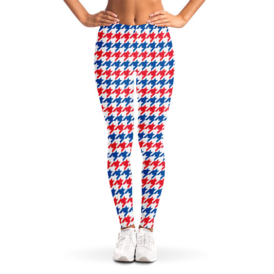Red Blue And White Houndstooth Print Women's Leggings