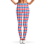 Red Blue And White Houndstooth Print Women's Leggings