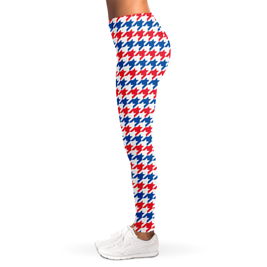 Red Blue And White Houndstooth Print Women's Leggings
