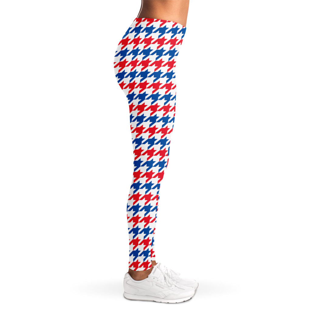 Red Blue And White Houndstooth Print Women's Leggings