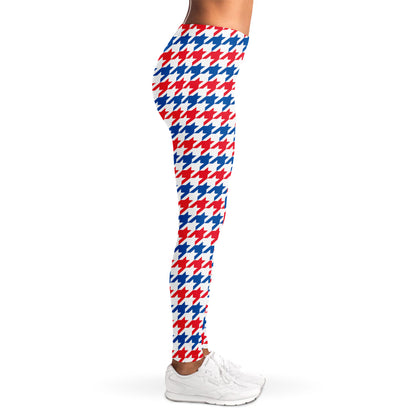 Red Blue And White Houndstooth Print Women's Leggings