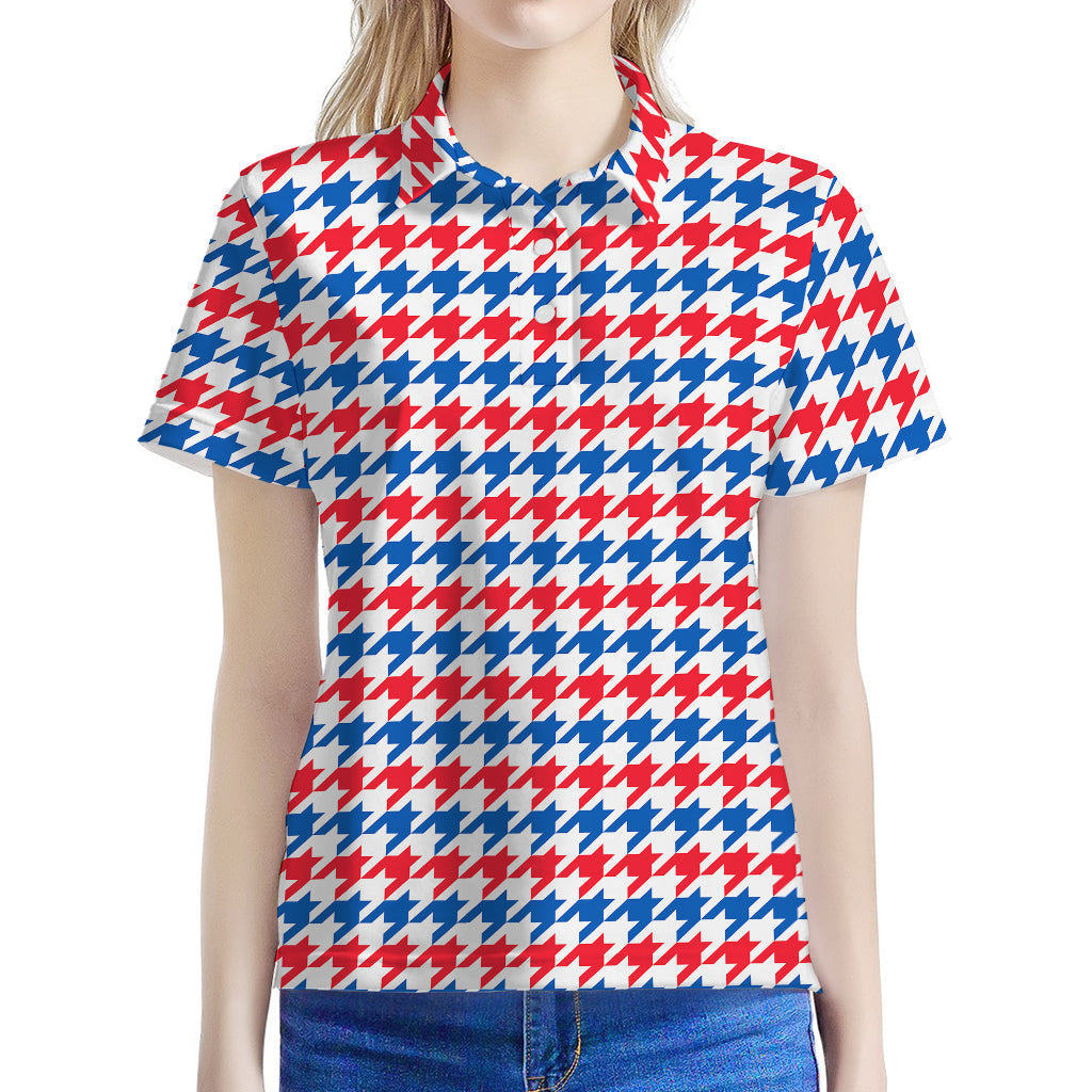 Red Blue And White Houndstooth Print Women's Polo Shirt