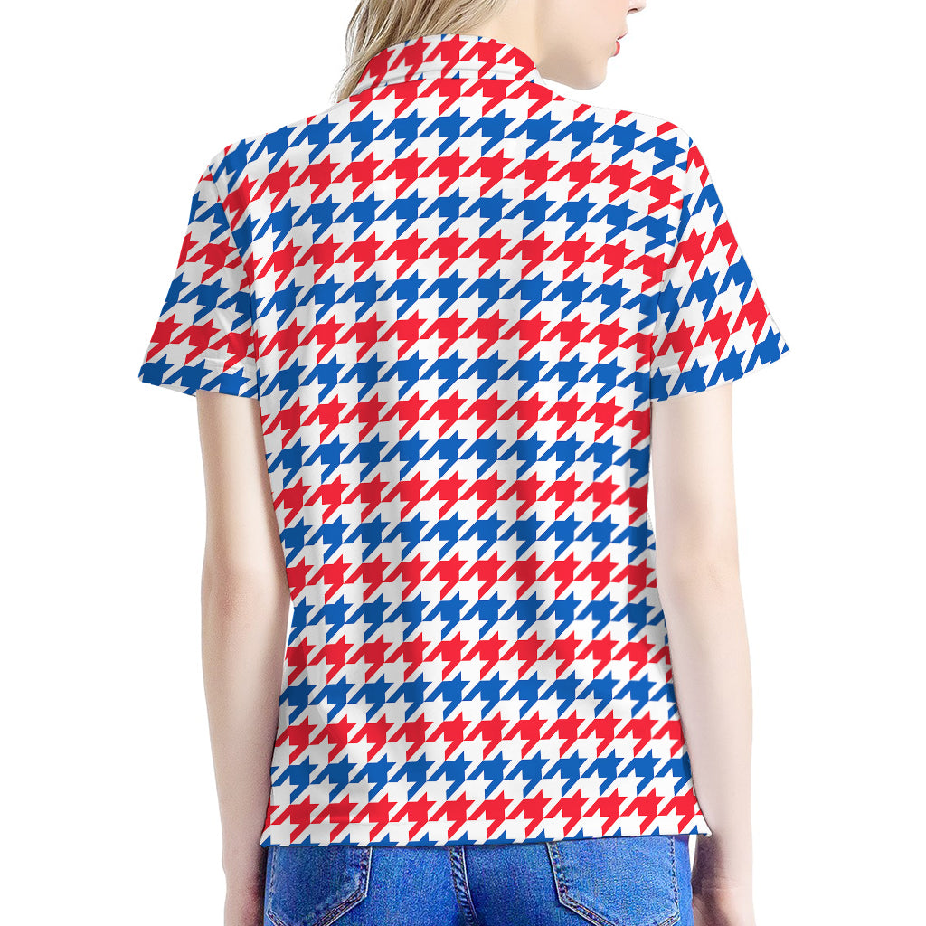 Red Blue And White Houndstooth Print Women's Polo Shirt