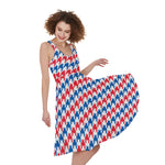 Red Blue And White Houndstooth Print Women's Sleeveless Dress