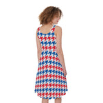 Red Blue And White Houndstooth Print Women's Sleeveless Dress