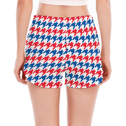 Red Blue And White Houndstooth Print Women's Split Running Shorts