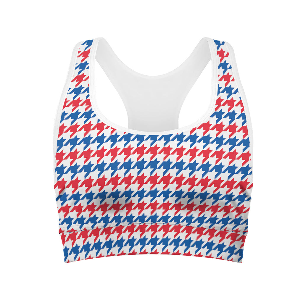 Red Blue And White Houndstooth Print Women's Sports Bra