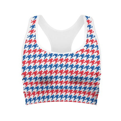 Red Blue And White Houndstooth Print Women's Sports Bra