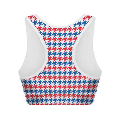 Red Blue And White Houndstooth Print Women's Sports Bra
