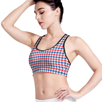 Red Blue And White Houndstooth Print Women's Sports Bra