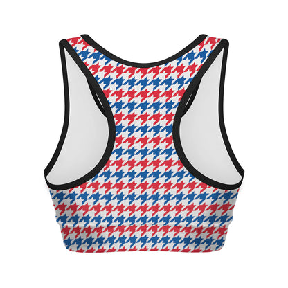 Red Blue And White Houndstooth Print Women's Sports Bra