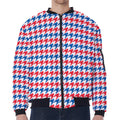 Red Blue And White Houndstooth Print Zip Sleeve Bomber Jacket